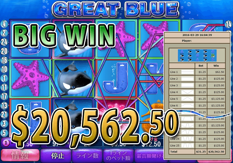 ワイルドジャングルカジノのGreat Blueで大勝利 賞金20,562.50ドル獲得！