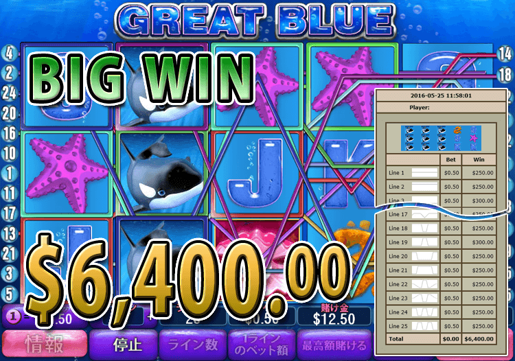 ワイルドジャングルカジノのGreat Blueで大勝利 合計賞金12,775.00ドル獲得！