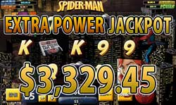 SPIDER-MANでEXTRA POWER JACKPOTとPOWER JACKPOT合計賞金3,329.45ドル獲得！